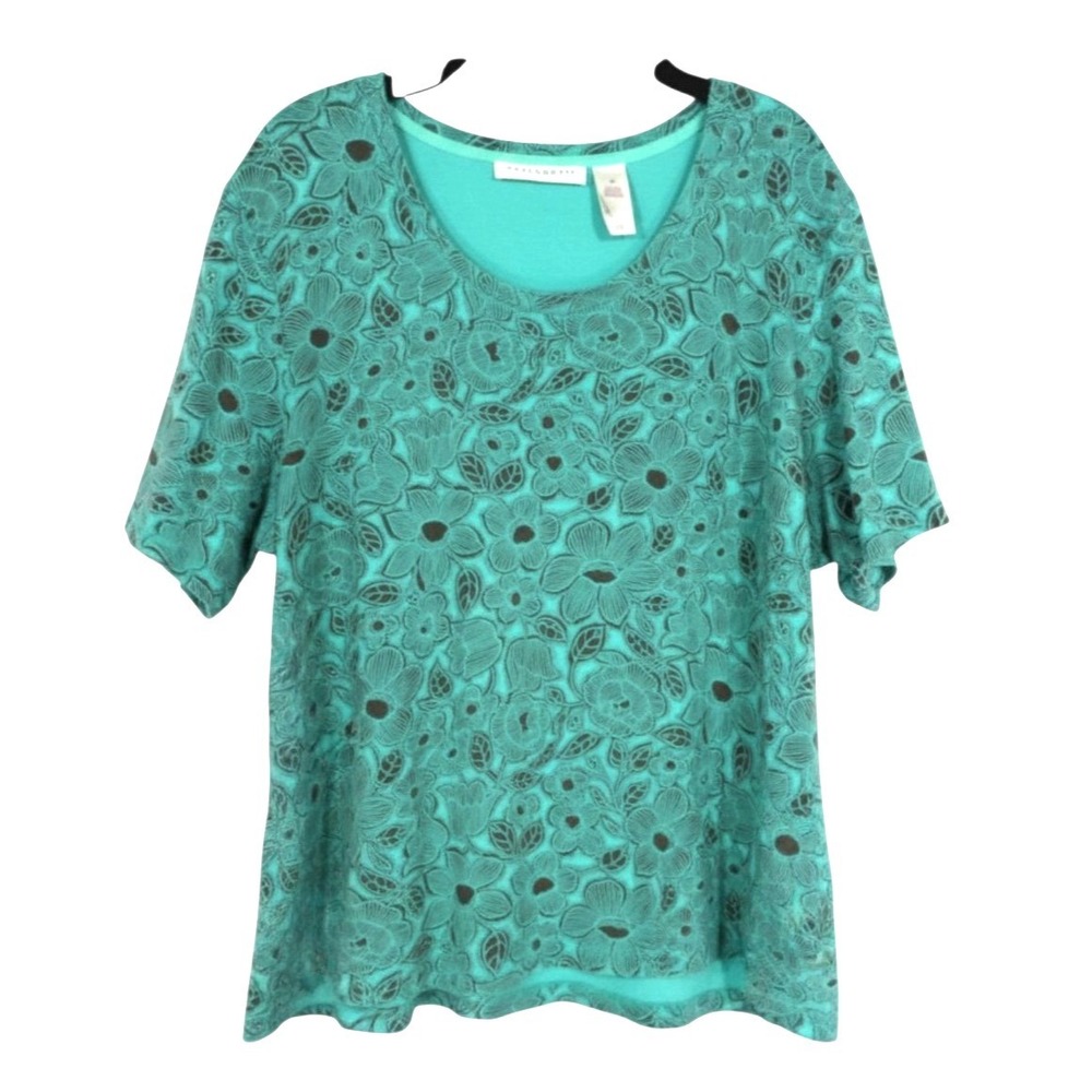 VTG ELISABETH Green BROWN FLORAL PRINT Scoop Neck SOFT COTTON Blouse/Top Sz 3X